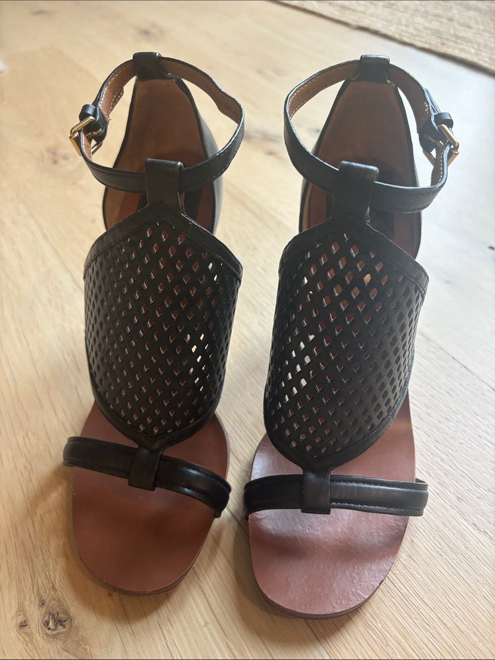 Tory Burch Black Leather Woven T-Strap Sandals